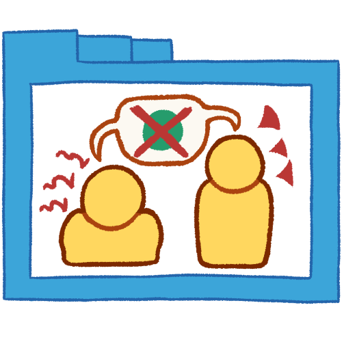 A hollow blue folder with thin lineart. It contains two simple emoji yellow people. Both of them speak the same speech bubble, which has a green circle with a large red X over it. There are angry red squiggles and triangles floating near the people.